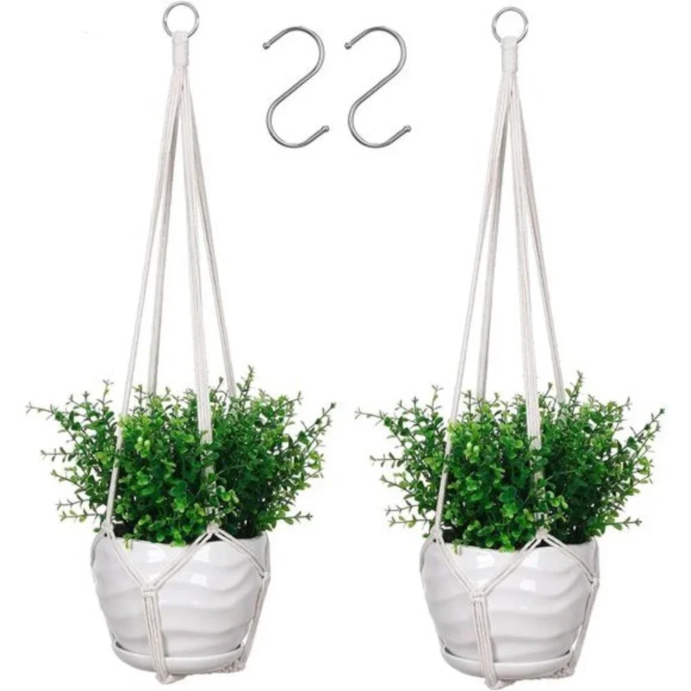 Macrame Plant Hanger Indoor Set of 2 with 2 S Hooks, Indoor Outdoor
